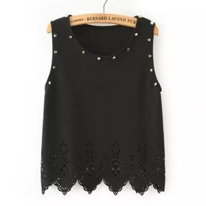 Studded Black Crochet Lace Scallop Sleeveless Top